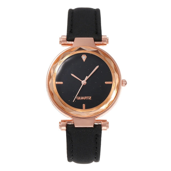 Women's Plastic Case Imitation Leather Belt Round Dial Quartz Watch With Frosted Belt And Silver Powder Diamond Design