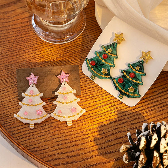 Women's Plastic Resin Geometric Flower Christmas Tree Earrings With Electroplating