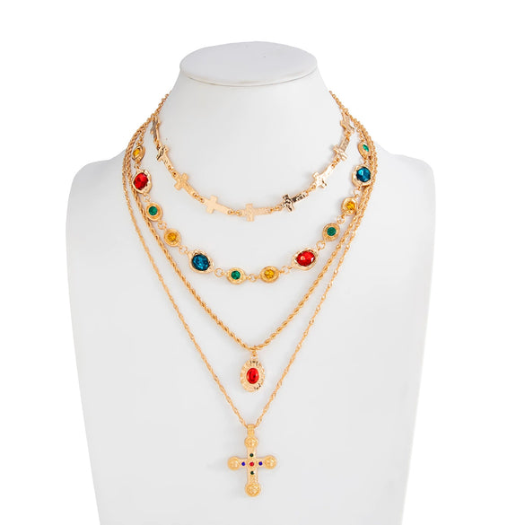 Women's Plated Alloy Cross Layered Clavicle Chain Necklace With Diamond Inspired Pendant Detail