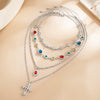 Women's Plated Alloy Cross Layered Clavicle Chain Necklace With Diamond Inspired Pendant Detail