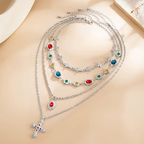 Women's Plated Alloy Cross Layered Clavicle Chain Necklace With Diamond Inspired Pendant Detail