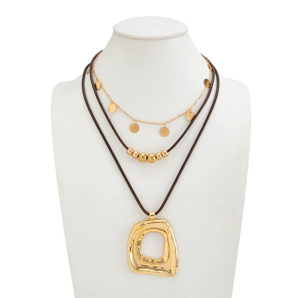 Women's Plated Alloy Geometric Hollow Square Pendant Necklace With Retro Brown Waxed Rope And Beaded Layered Design