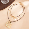 Women's Plated Alloy Geometric Hollow Square Pendant Necklace With Retro Brown Waxed Rope And Beaded Layered Design