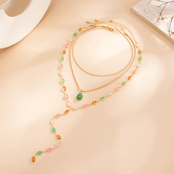 Women's Plated Alloy Yshaped Necklace With Colorful Crystal Chain And Teardrop Gemstone Pendant Geometric Layered Jewelry