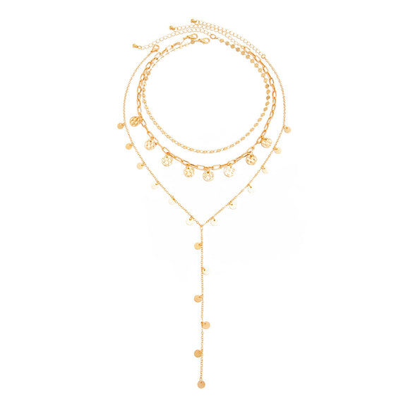 Women's Plated Iron Necklace With Alloy Hammered Round Pendant Geometric Yshaped Layered Sequin Chain Design