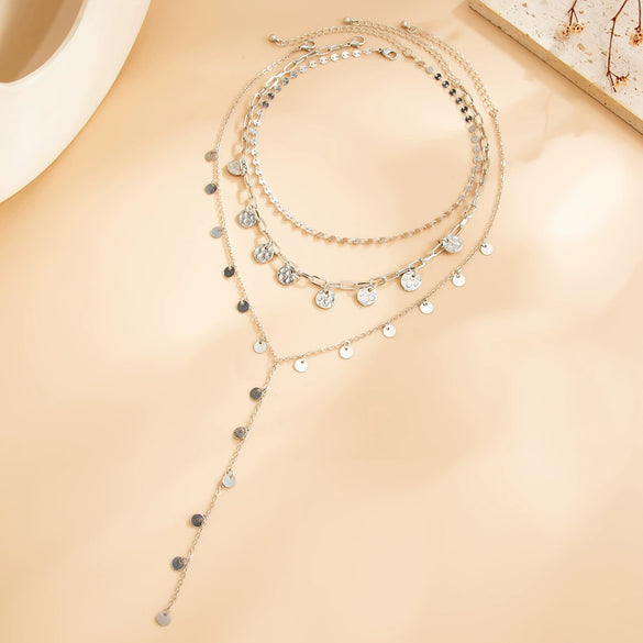 Women's Plated Iron Necklace With Alloy Hammered Round Pendant Geometric Yshaped Layered Sequin Chain Design