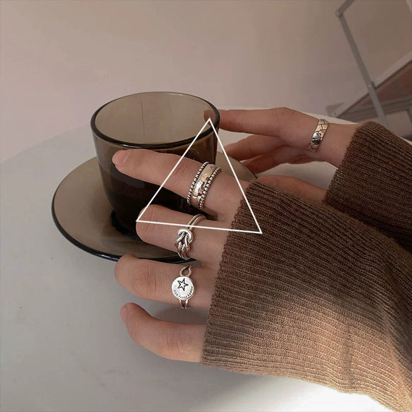 Women's Platinum Plated Sterling Silver Irregular Geometric Adjustable Ring With Crumpled Texture Simple Natural Style