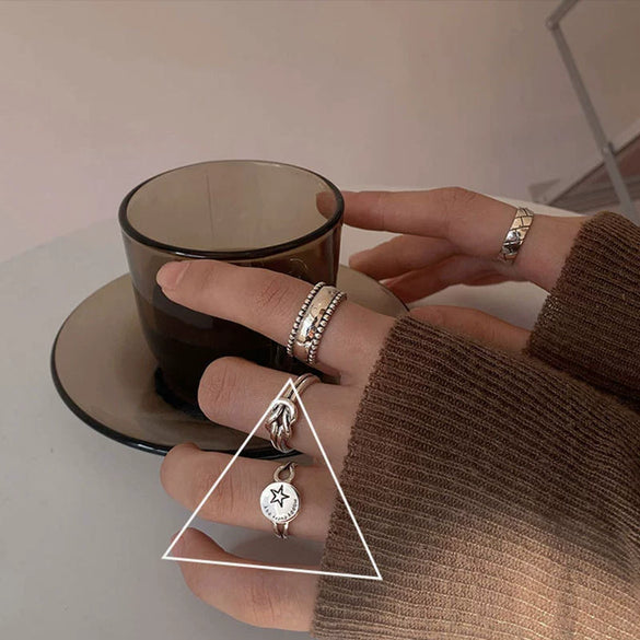 Women's Platinum Plated Sterling Silver Irregular Geometric Adjustable Ring With Crumpled Texture Simple Natural Style