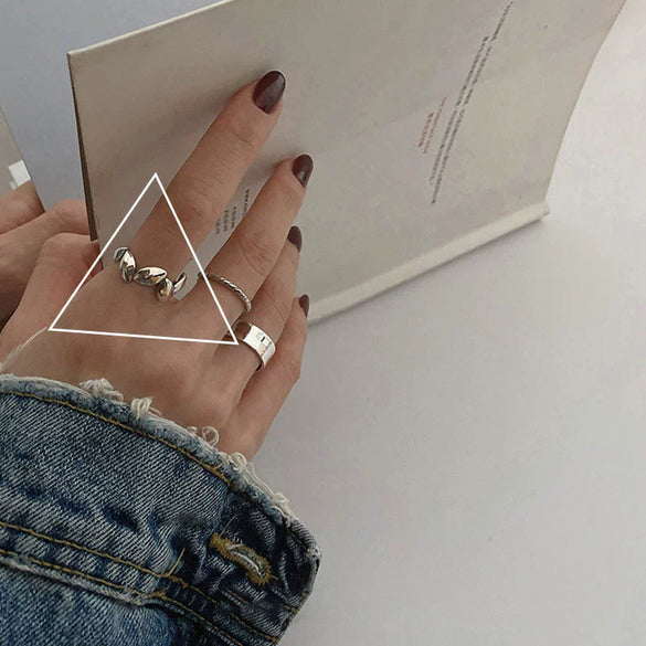 Women's Platinum Plated Sterling Silver Irregular Geometric Adjustable Ring With Crumpled Texture Simple Natural Style