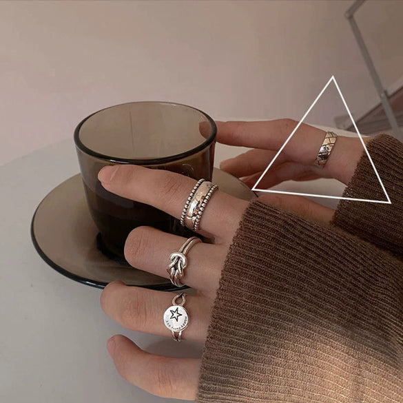 Women's Platinum Plated Sterling Silver Irregular Geometric Adjustable Ring With Crumpled Texture Simple Natural Style