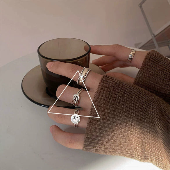 Women's Platinum Plated Sterling Silver Irregular Geometric Adjustable Ring With Crumpled Texture Simple Natural Style