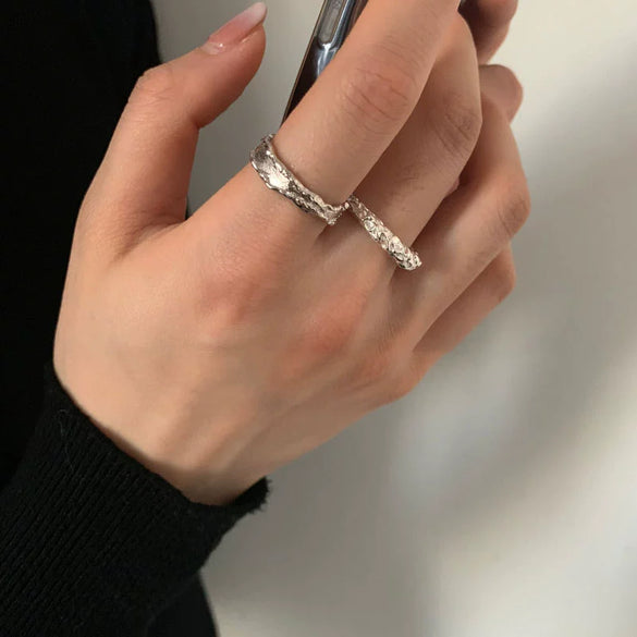 Women's Platinum Plated Sterling Silver Irregular Geometric Adjustable Ring With Crumpled Texture Simple Natural Style