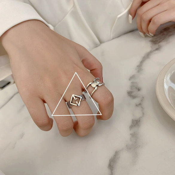 Women's Platinum Plated Sterling Silver Irregular Geometric Adjustable Ring With Crumpled Texture Simple Natural Style