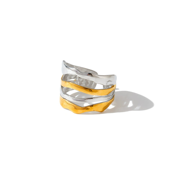 Women's Pleated Geometric Stainless Steel Adjustable Open Ring With 18K Vacuum Plated Finish Simple Light Luxury Accessory