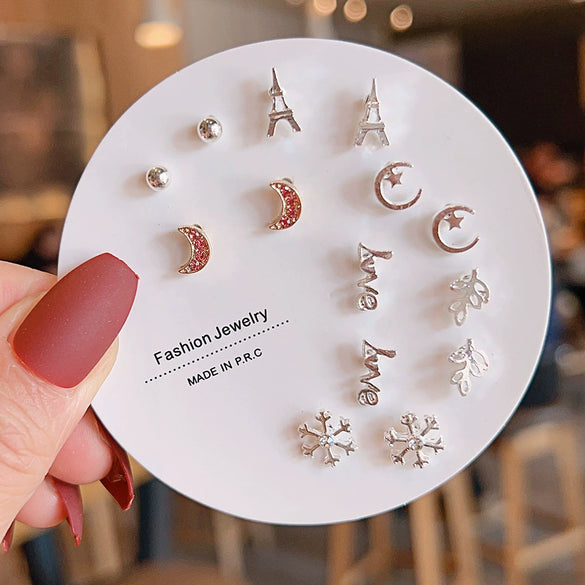 Women's Popular Oneweek Earrings Set Alloy Imitation Pearl Simple Dot Diamond Geometric Electroplated Design
