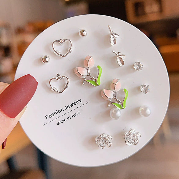 Women's Popular Oneweek Earrings Set Alloy Imitation Pearl Simple Dot Diamond Geometric Electroplated Design