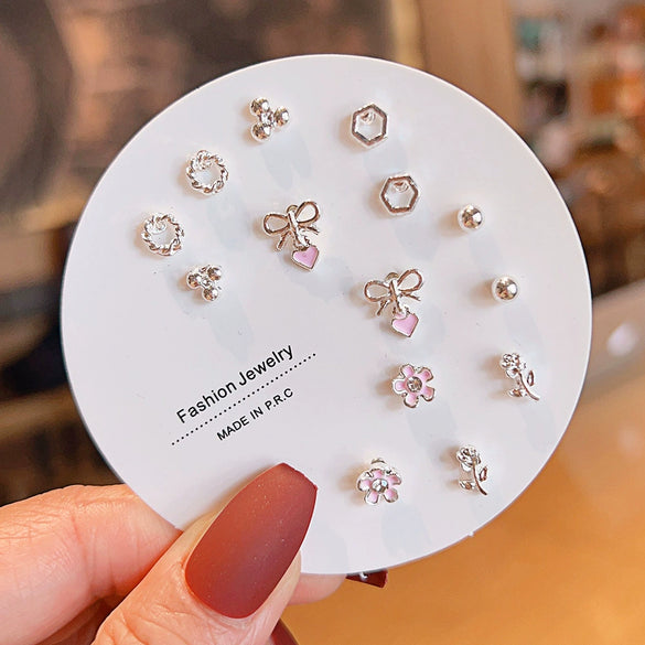 Women's Popular Oneweek Earrings Set Alloy Imitation Pearl Simple Dot Diamond Geometric Electroplated Design