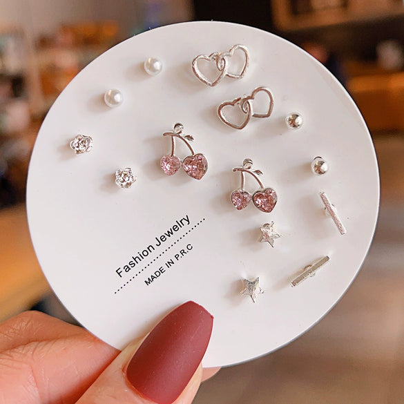 Women's Popular Oneweek Earrings Set Alloy Imitation Pearl Simple Dot Diamond Geometric Electroplated Design