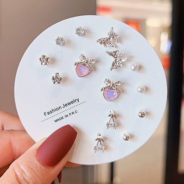 Women's Popular Oneweek Earrings Set Alloy Imitation Pearl Simple Dot Diamond Geometric Electroplated Design