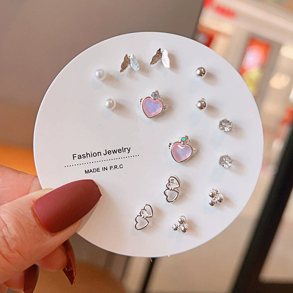 Women's Popular Oneweek Earrings Set Alloy Imitation Pearl Simple Dot Diamond Geometric Electroplated Design
