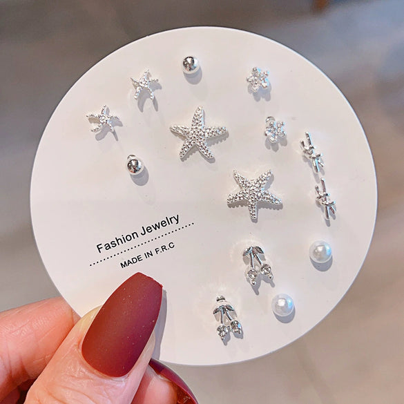 Women's Popular Oneweek Earrings Set Alloy Imitation Pearl Simple Dot Diamond Geometric Electroplated Design