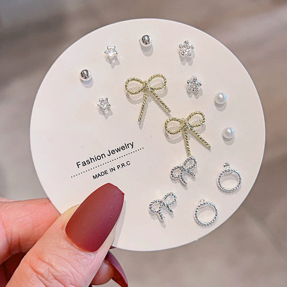 Women's Popular Oneweek Earrings Set Alloy Imitation Pearl Simple Dot Diamond Geometric Electroplated Design