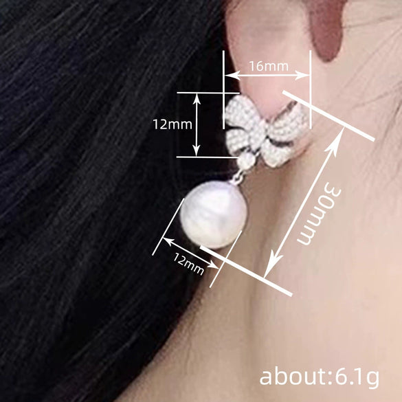 Women's Princess Style Imitation Pearl Bow Pendant Earrings Copper Geometric Pattern Jewelry