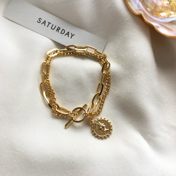 Women's Punk Fashion Alloy Bracelet With Metallic Texture Multi Layer Geometric Coin And Human Head Charms Electroplated Retro Style