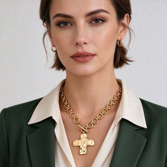 Women's Punk Geometric Cross Pendant Necklace Zinc Alloy Plated Ot Chain Statement Jewelry
