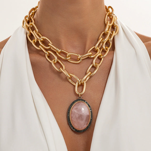 Women's Punk Layered Necklace With Chunky Aluminum Chain And Exaggerated Geometric Oval Resin Pendant