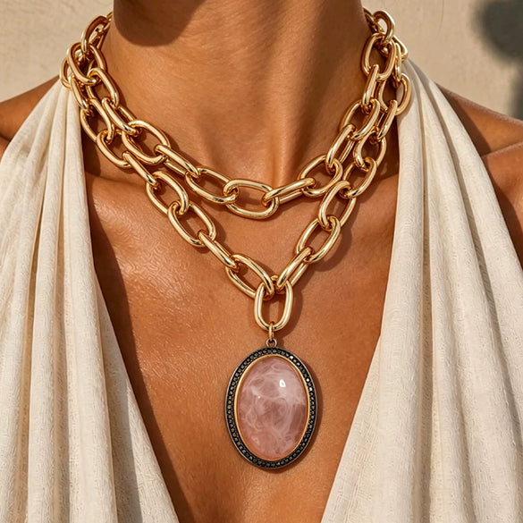 Women's Punk Layered Necklace With Chunky Aluminum Chain And Exaggerated Geometric Oval Resin Pendant