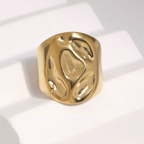 Women's Punk Open Wide Band Ring In Stainless Steel With Hammered Texture And Gold Electroplated Finish