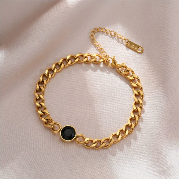 Women's Punk Retro Style Titanium Steel Round Faceted Black Diamond Connecting Chain Bracelet With Electroplating