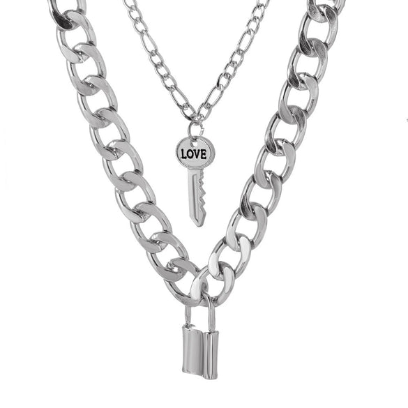 Women's Punk Style Thick Chain Lock Necklace With Microinlaid 3 Layer Lock Pendant Alloy Material Geometric Pattern Electroplating Treatment