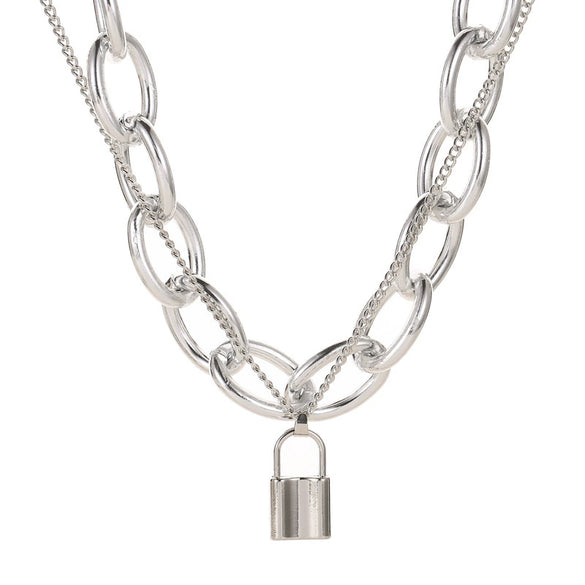 Women's Punk Style Thick Chain Lock Necklace With Microinlaid 3 Layer Lock Pendant Alloy Material Geometric Pattern Electroplating Treatment