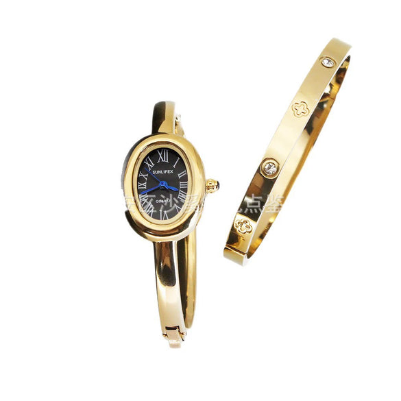 Women's Quartz Bracelet Watch Set With Stainless Steel Strap And Buckle Oval Dial Medieval Style