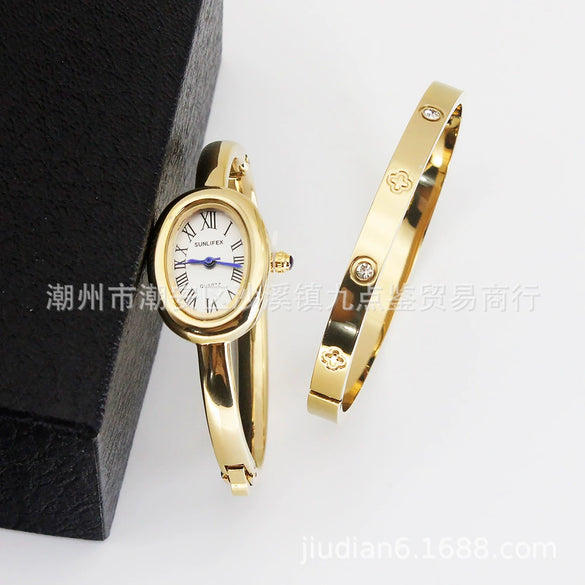 Women's Quartz Bracelet Watch Set With Stainless Steel Strap And Buckle Oval Dial Medieval Style
