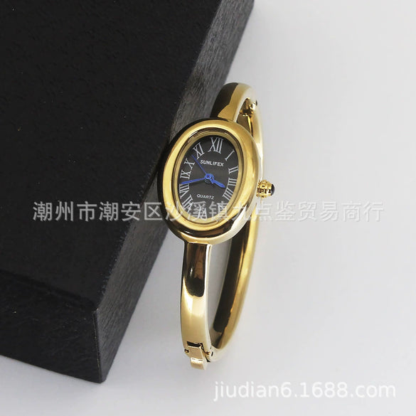 Women's Quartz Bracelet Watch Set With Stainless Steel Strap And Buckle Oval Dial Medieval Style