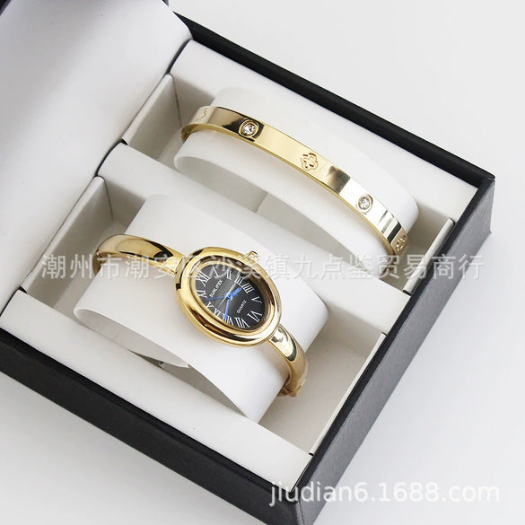Women's Quartz Bracelet Watch Set With Stainless Steel Strap And Buckle Oval Dial Medieval Style
