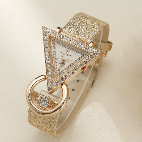 Women's Quartz Watch And Peacock Jewelry Set With Inverted Triangular Dial Diamond Inlay Frosted Imitation Leather Strap And Alloy Case