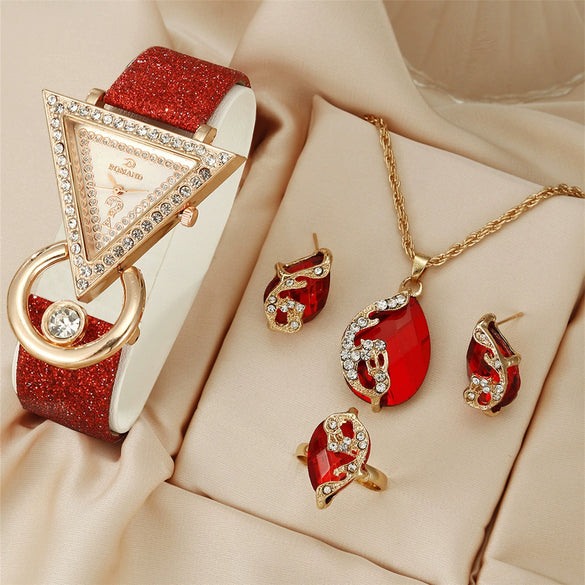 Women's Quartz Watch And Peacock Jewelry Set With Inverted Triangular Dial Diamond Inlay Frosted Imitation Leather Strap And Alloy Case