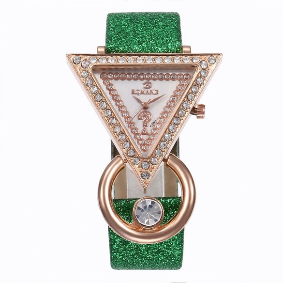 Women's Quartz Watch And Peacock Jewelry Set With Inverted Triangular Dial Diamond Inlay Frosted Imitation Leather Strap And Alloy Case