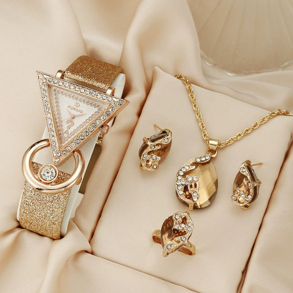 Women's Quartz Watch And Peacock Jewelry Set With Inverted Triangular Dial Diamond Inlay Frosted Imitation Leather Strap And Alloy Case