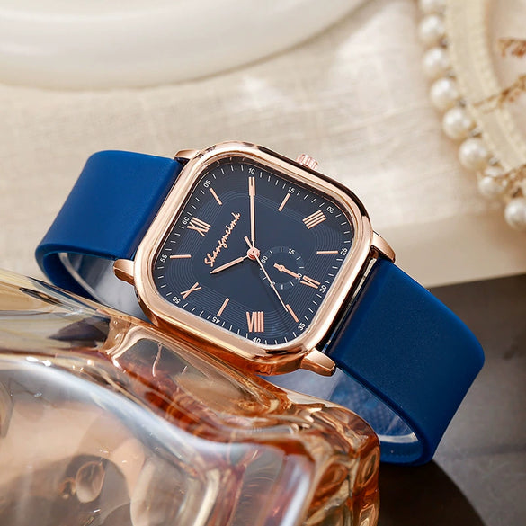 Women's Quartz Watch Midcentury Style Alloy Case Silicone Strap Square Dial