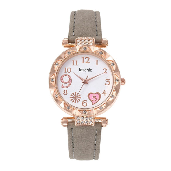 Women's Quartz Watch With Heart Dial And Round Shape Alloy Case Imitation Leather Strap Stainless Steel Buckle Casual Style
