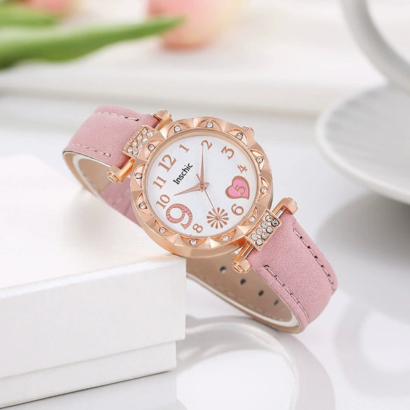 Women's Quartz Watch With Heart Dial And Round Shape Alloy Case Imitation Leather Strap Stainless Steel Buckle Casual Style