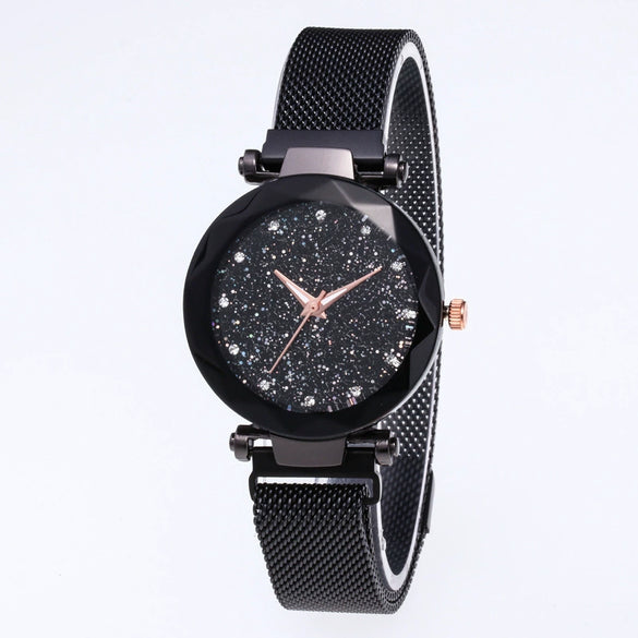 Women's Quartz Watch With Magnet Buckle Alloy Strap And Case Titanium Buckle Round Dial Leisure Style Starry Sky Design