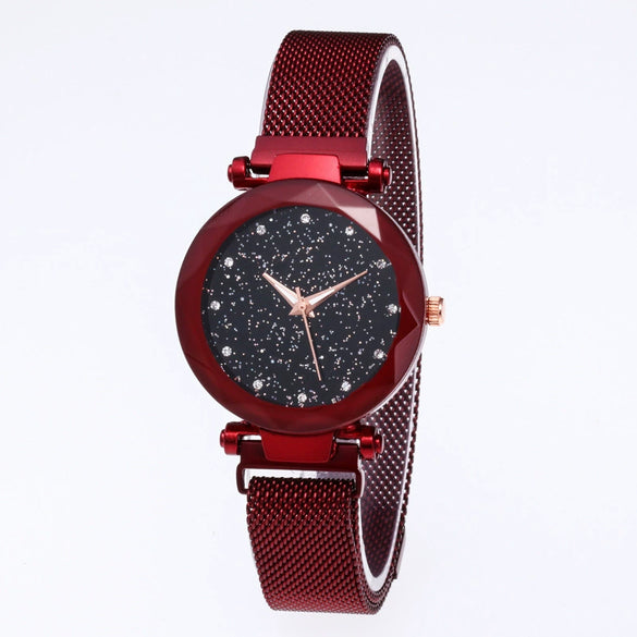 Women's Quartz Watch With Magnet Buckle Alloy Strap And Case Titanium Buckle Round Dial Leisure Style Starry Sky Design