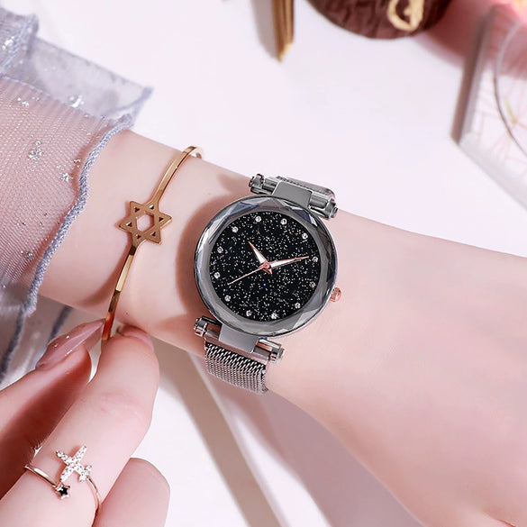 Women's Quartz Watch With Magnet Buckle Alloy Strap And Case Titanium Buckle Round Dial Leisure Style Starry Sky Design