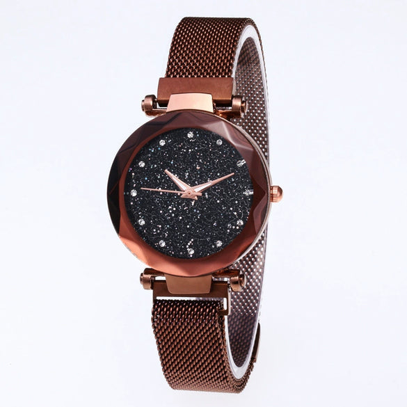 Women's Quartz Watch With Magnet Buckle Alloy Strap And Case Titanium Buckle Round Dial Leisure Style Starry Sky Design